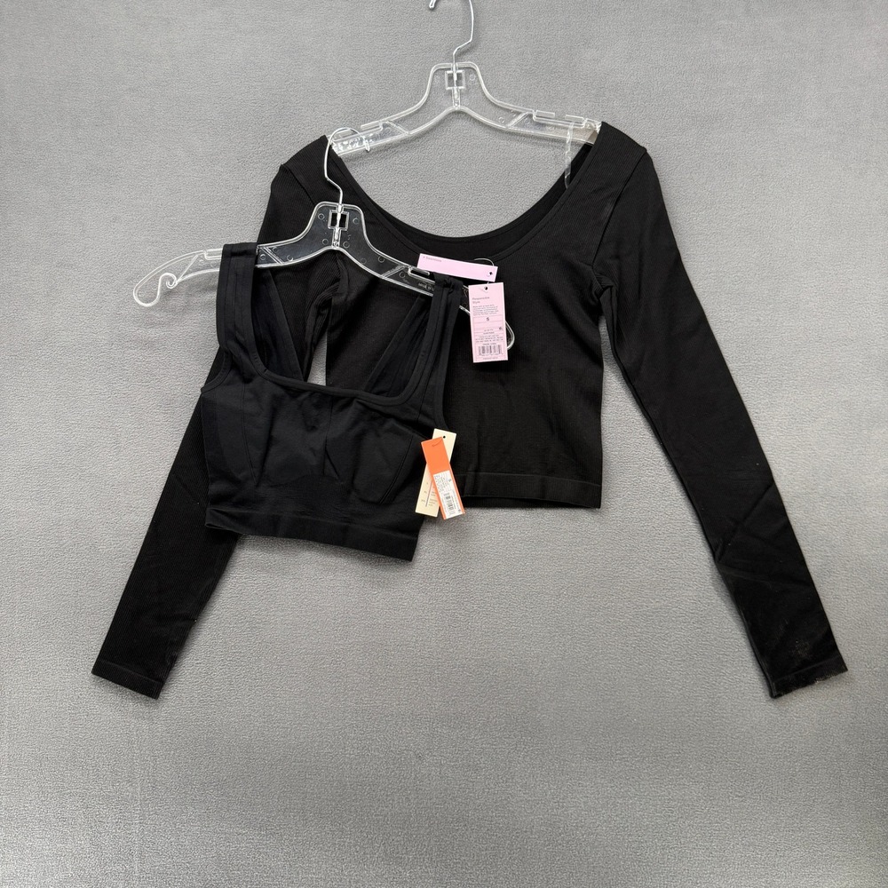 Wild Fable Crop Top Long Sleeve Ribbed & Colsie Seamless Bra Set Black Small NWT